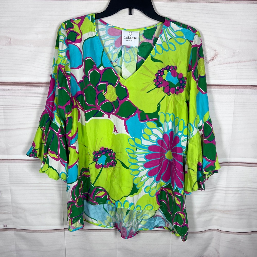 LaRoque Blouse Womens Medium Green Floral Silk Bell Sleeve V-Neck Top Bright